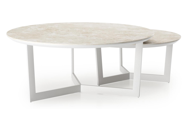 Ensemble de 2 tables de basses Lacrima ronde en aluminium blanc et céramique pleine Rapolano - Diam. 85/65 x Haut. 35/30 cm