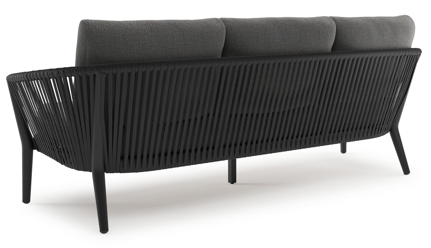 Orso loungebank in zwart aluminium en zwart verticaal geweven ronde rope met Savane Tornado all weather sunbrella® luxe kussen