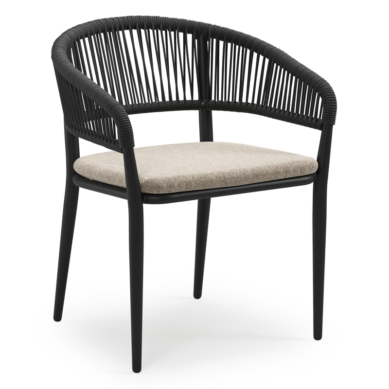 Tolfa stapelbare tuinstoel in zwart aluminium en zwart verticaal geweven ronde rope met stoelkussen in All Weather Sunbrella® Luxe Chartres Pewter