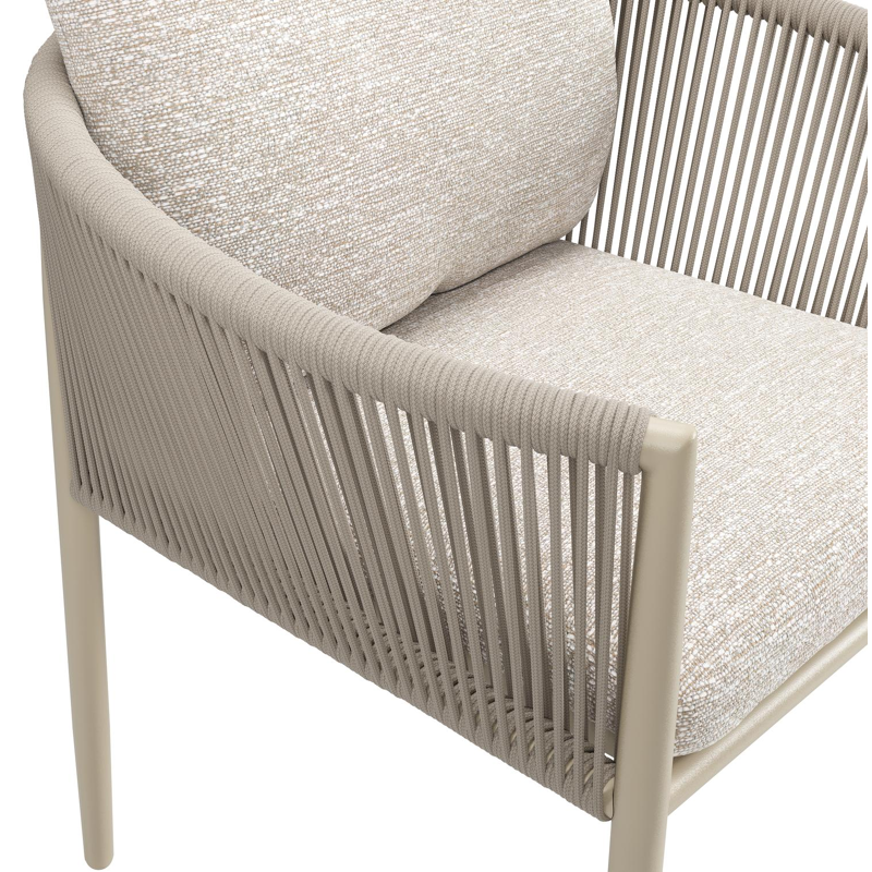 Organo tuinstoel in zwart aluminium en beige verticaal geweven ronde rope met stoelkussen in All Weather Sunbrella® Luxe Tundra Sand