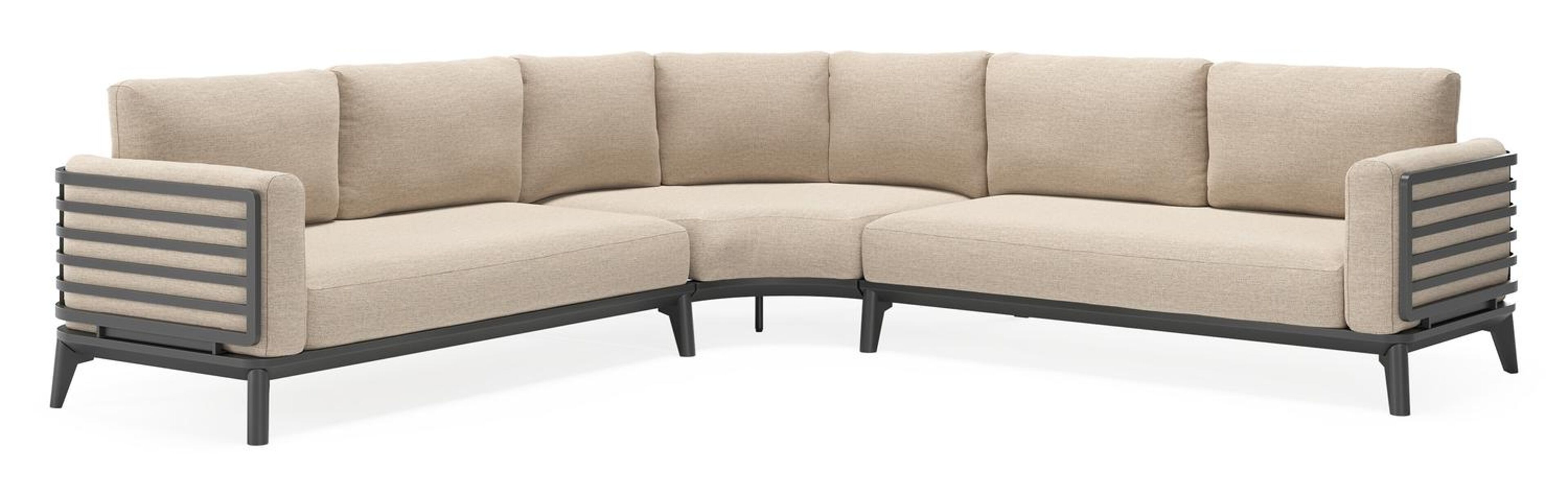 Salon de jardin d'angle Mosa en aluminium noir avec coussins en weather+ softtouch rustic