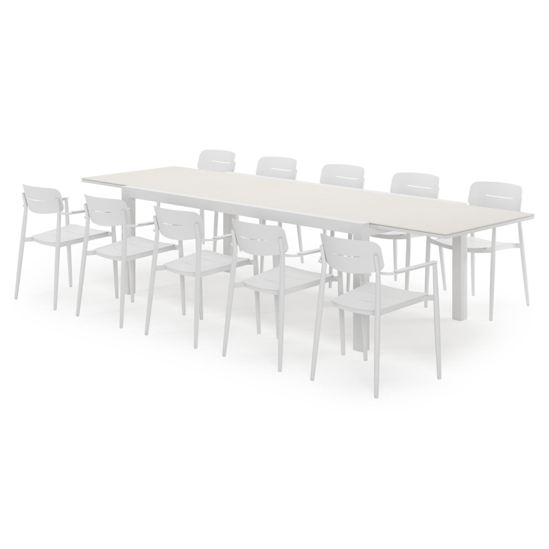 Calobra rechthoekige uitschuifbare tuinset in wit aluminium en sintered stone crema minerale met 10 Cosa tuinstoelen