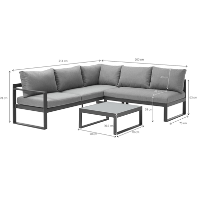 Caldela loungehoek in zwart aluminium met grijs polyester kussens en loungetafel