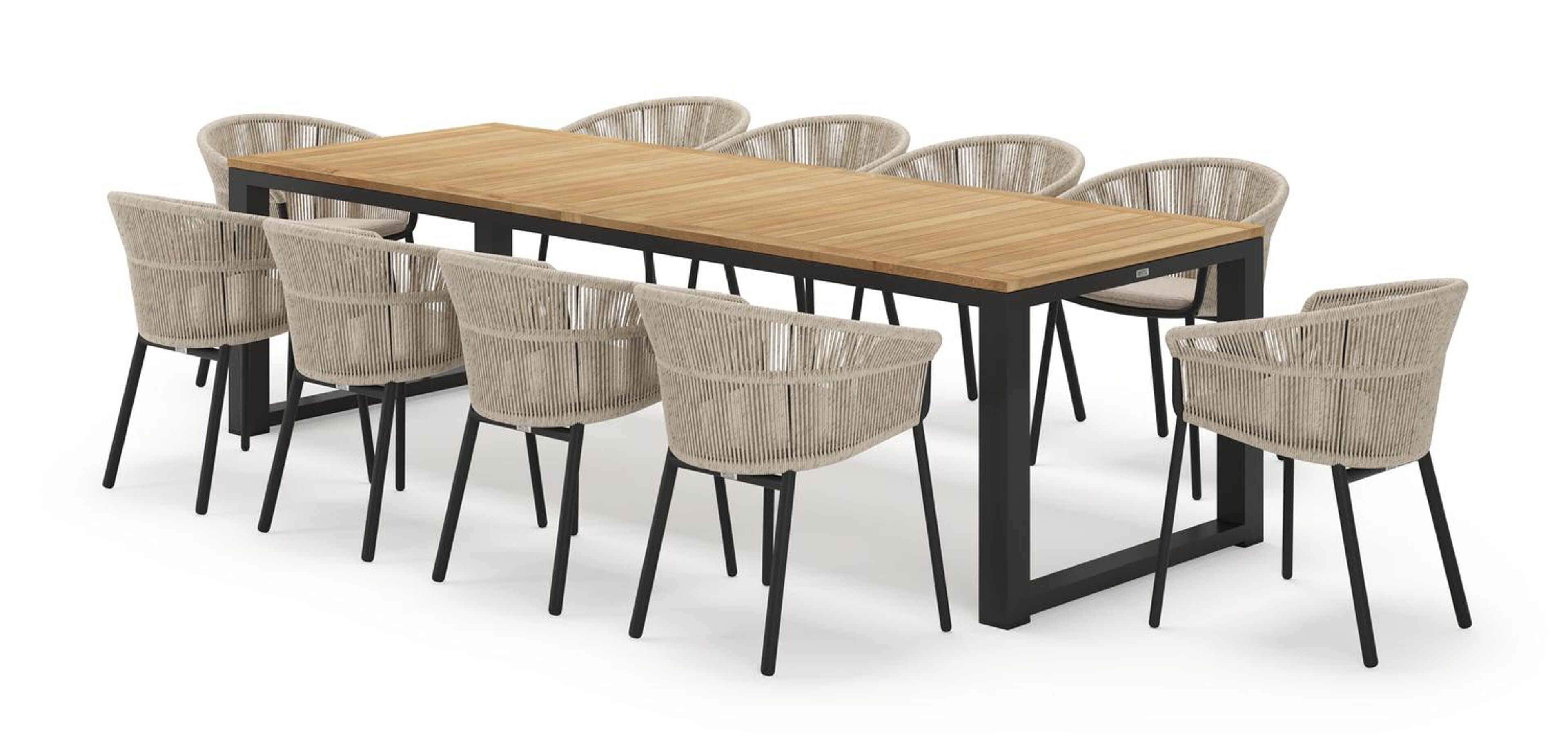 Livo rechthoekige tuinset in zwart aluminium en teak natural finish met 10 Matera tuinstoelen