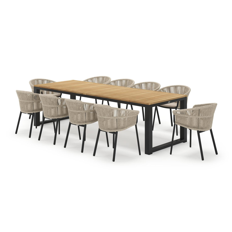 Livo rechthoekige tuinset in zwart aluminium en teak natural finish met 10 Matera tuinstoelen