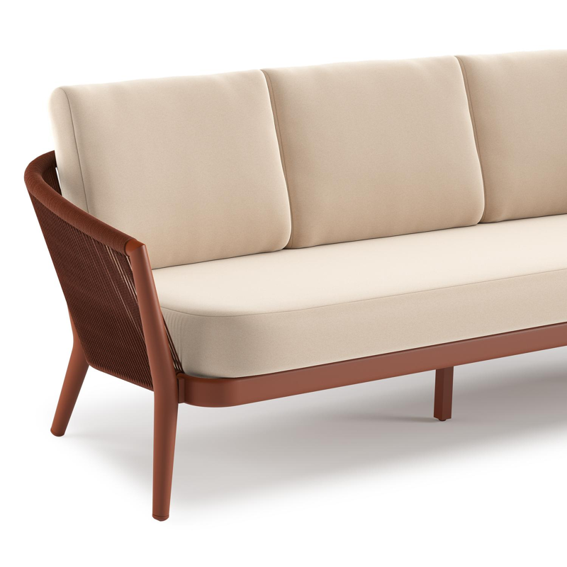 Orso loungebank in roestbruin aluminium en roestbruin verticaal geweven ronde rope met Natte Linen Chalk all weather sunbrella® luxe kussen