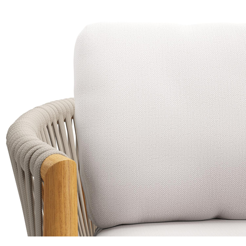 Organo tuinstoel in teak en beige verticaal geweven luxe vlakke rope met zitkussen in All Weather Sunbrella® Luxe Savane Whisper