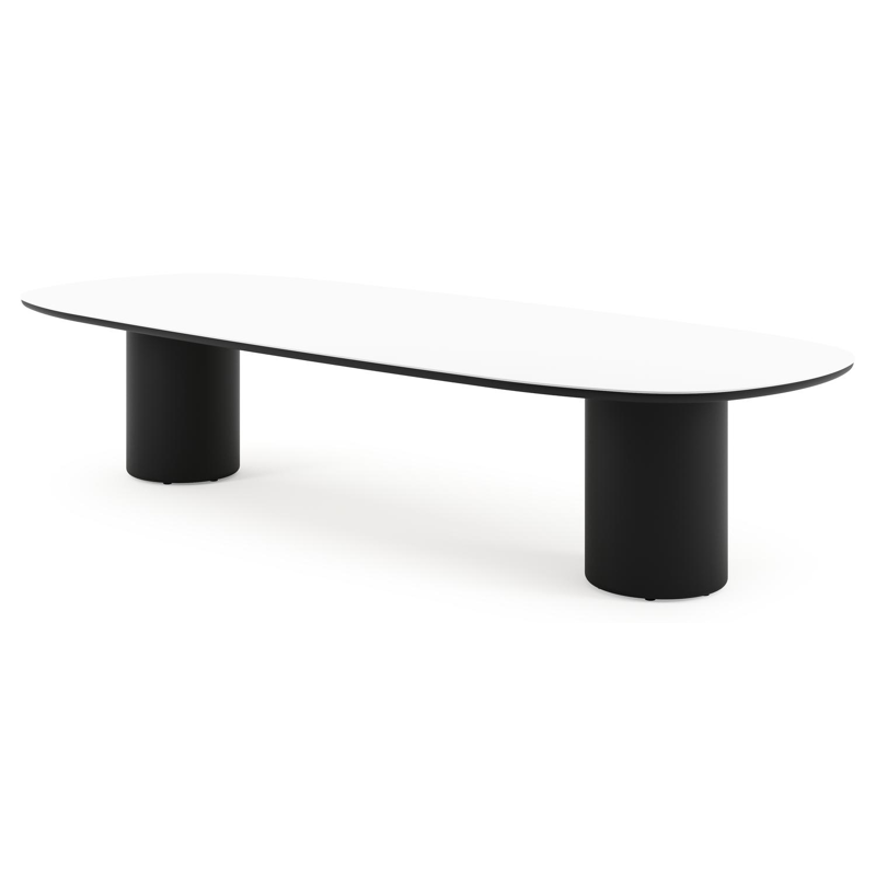 Amico low dining tuintafel bombo in zwart aluminium en volkeramiek Arctic White - L 320 x B 130 x H 61 cm
