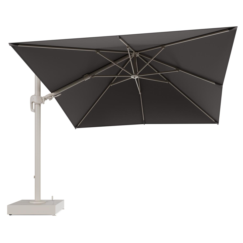 Rufina zweefparasol met tiltfunctie in beige aluminium en Natte Nature Grey All Weather Sunbrella® Luxe parasoldoek - L1 300 x L2 300 cm met parasolvoet Minore 150 kg met wielen