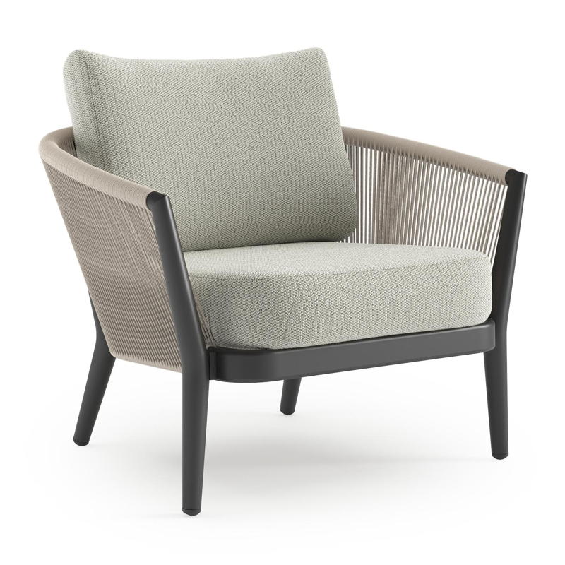 Orso loungestoel in zwart aluminium en beige verticaal geweven ronde rope met Lopi Bud all weather sunbrella® luxe kussen