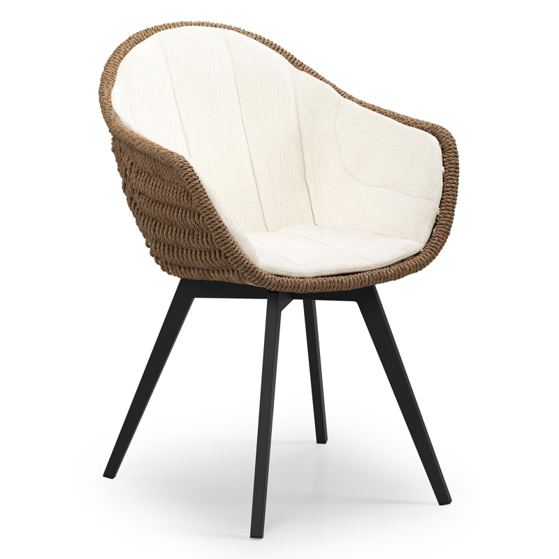 Pagino tuinstoel in zwart aluminium en bruin ronde wicker met zitkussen in All Weather Sunbrella® Luxe Natte White