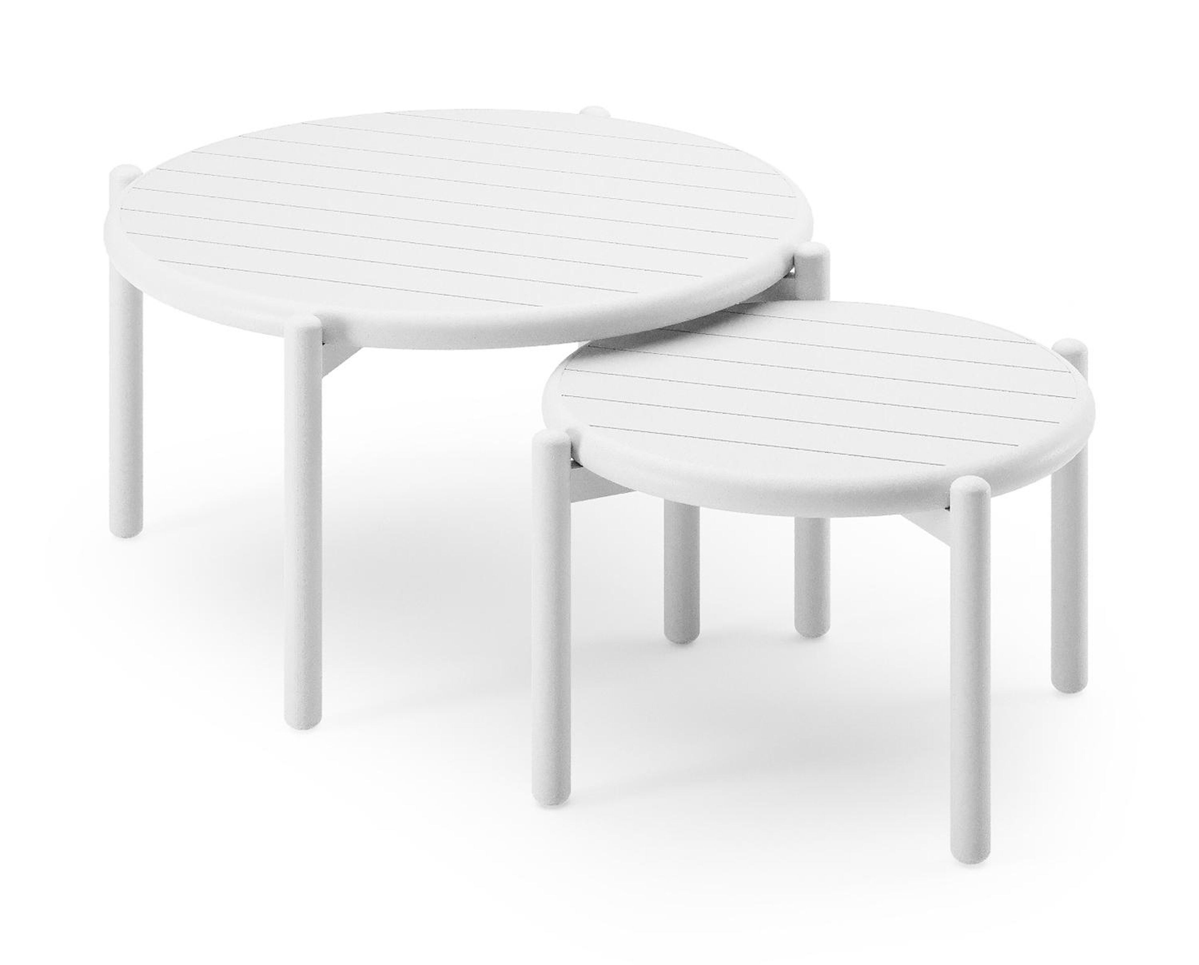 Tables basses Pulo en blanc aluminium - Diam. 70 - 50 x Haut. 37.5 - Table 1 : Dia. 70 x Haut. 38 cm / Table 2 : Dia. 50 x Haut. 33 cm