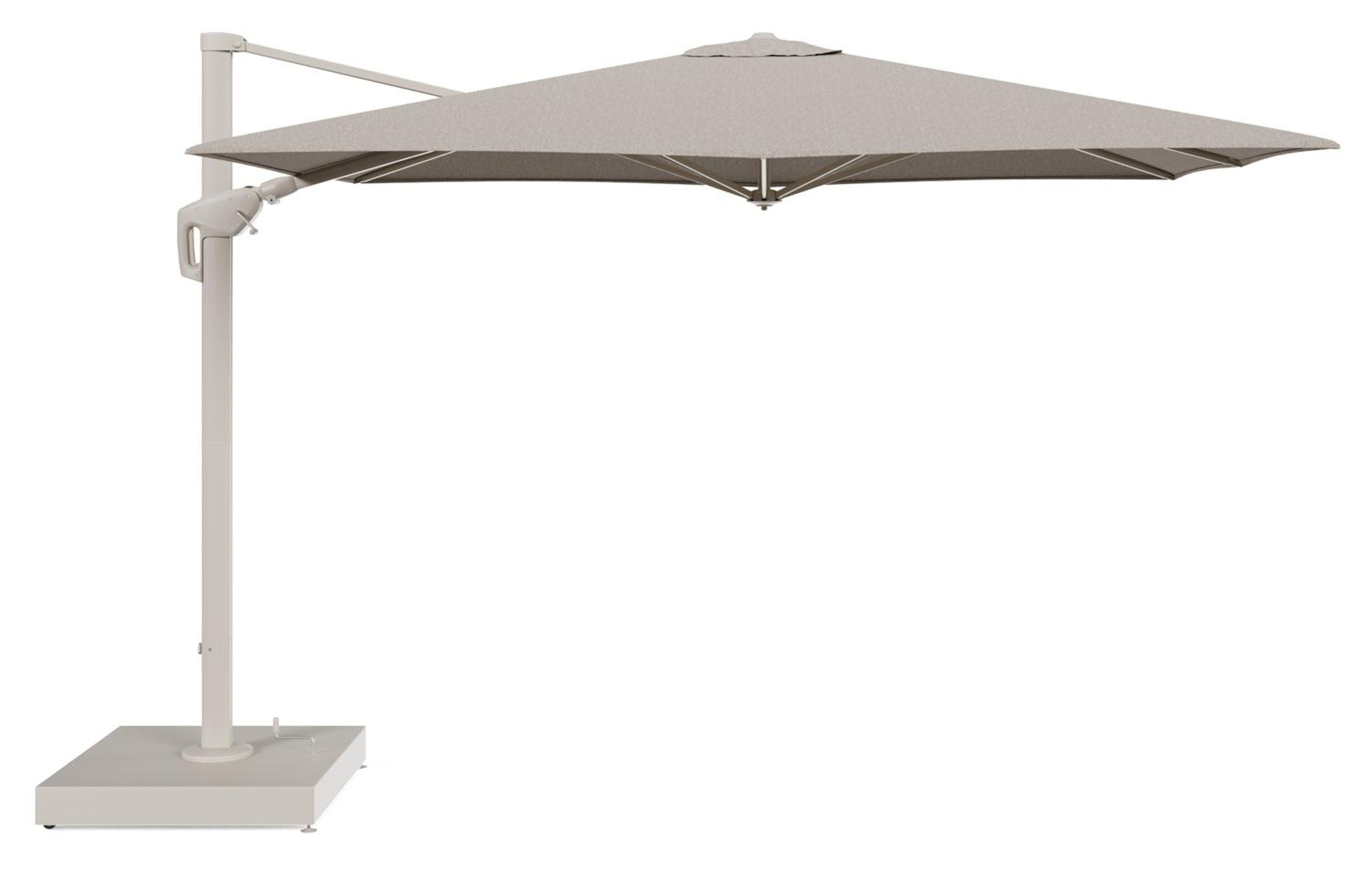 Parasol pendant Minore tilt en aluminium beige et toile All Weather Sunbrella® Luxe Chartres Pewter - Lg.1: 280 x Lg.2: 370 cm avec pied de parasol Minore 260 kg avec roulettes
