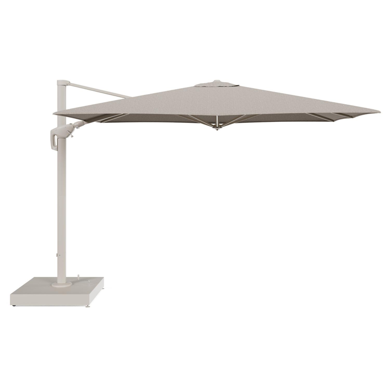 Parasol pendant Minore tilt en aluminium beige et toile All Weather Sunbrella® Luxe Chartres Pewter - Lg.1: 280 x Lg.2: 370 cm avec pied de parasol Minore 260 kg avec roulettes