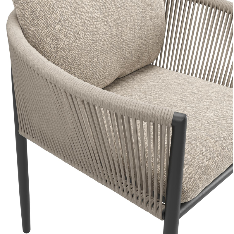Organo tuinstoel in zwart aluminium en zwart verticaal geweven ronde rope met stoelkussen in All Weather Sunbrella® Luxe Chartres Pewter