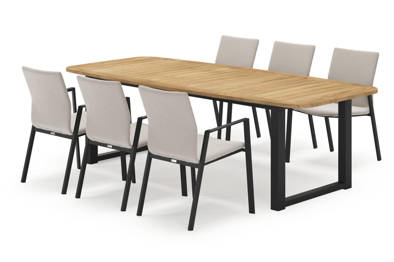 Livo bootvormige tuinset in zwart aluminium en teak natural finish met 6 Madura tuinstoelen