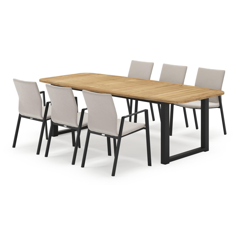 Livo ensemble de jardin forme de bateau en aluminium noir en teck natural finish avec 6 chaises de jardin Madura