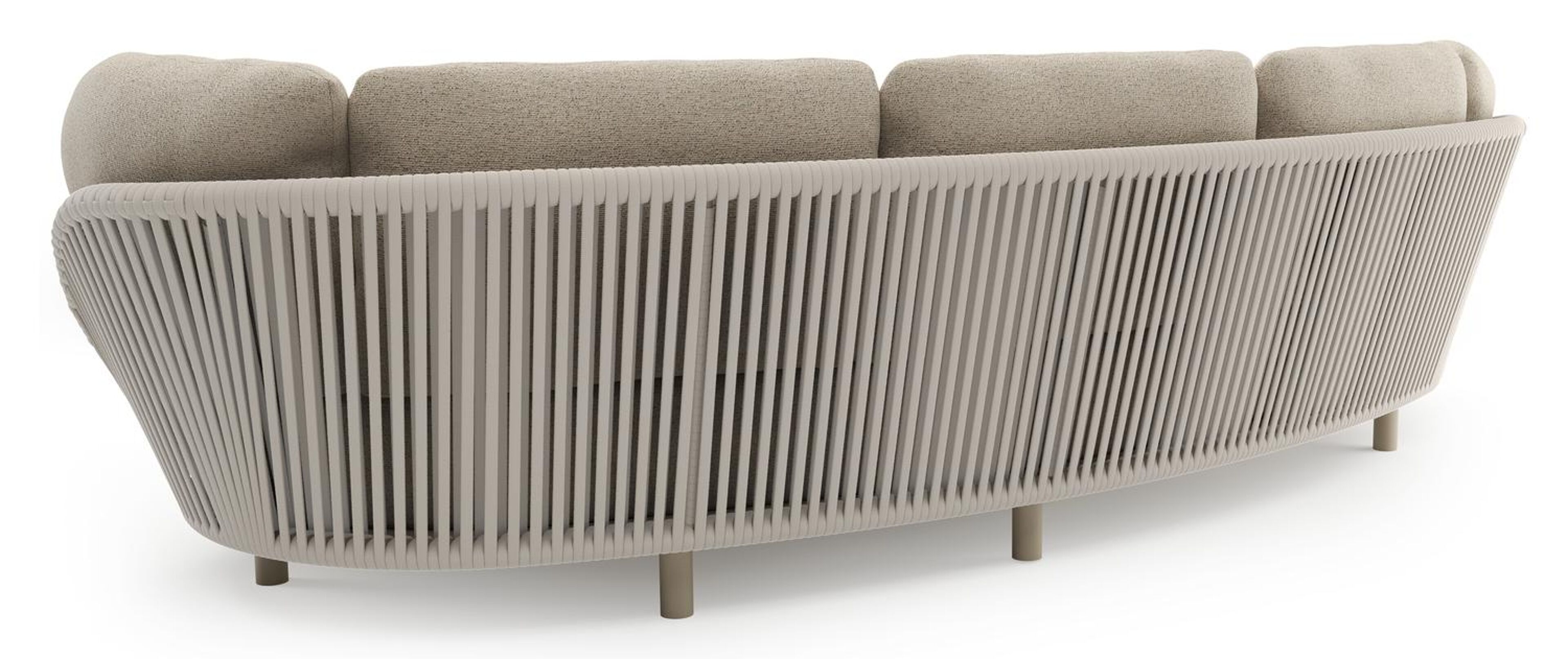 Salon de jardin Lupino en aluminium beige et corde large plate de luxe tissée verticalement beige et coussins en all weather cosytica marbella beige