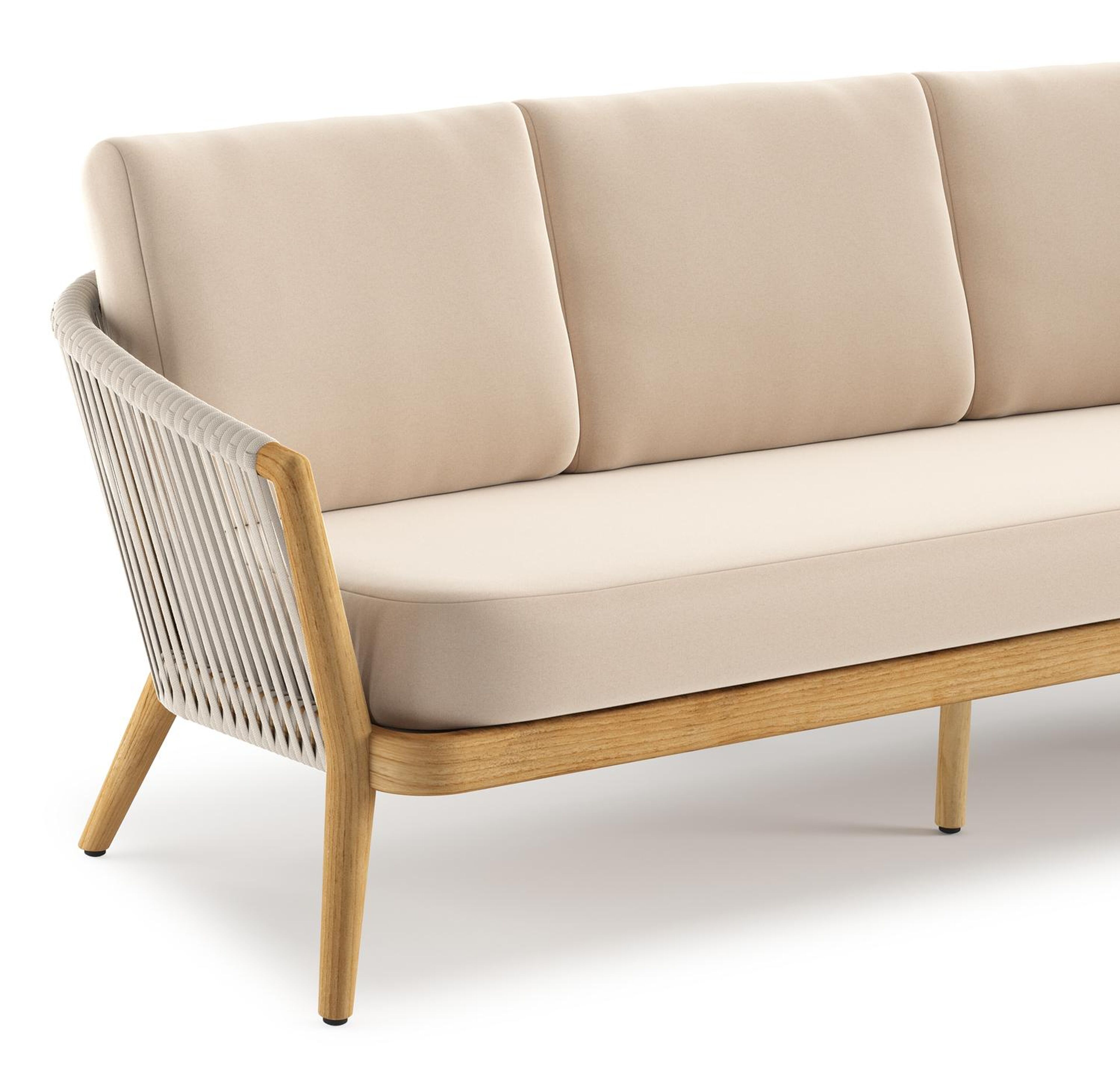 Orso loungebank in teak en beige verticaal geweven luxe vlakke rope met Natte Linen Chalk all weather sunbrella® luxe kussen