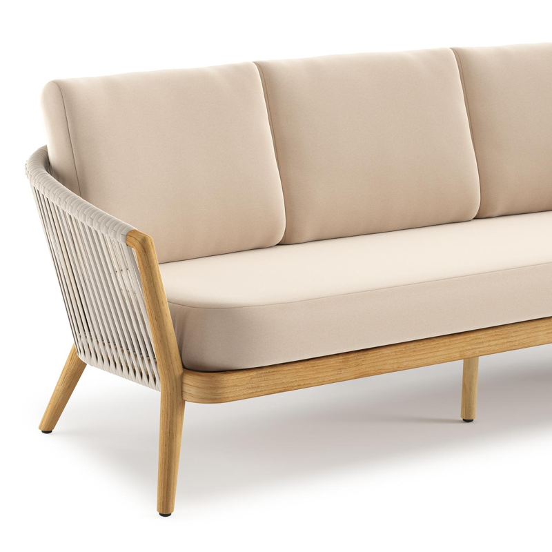 Orso loungebank in teak en beige verticaal geweven luxe vlakke rope met Natte Linen Chalk all weather sunbrella® luxe kussen