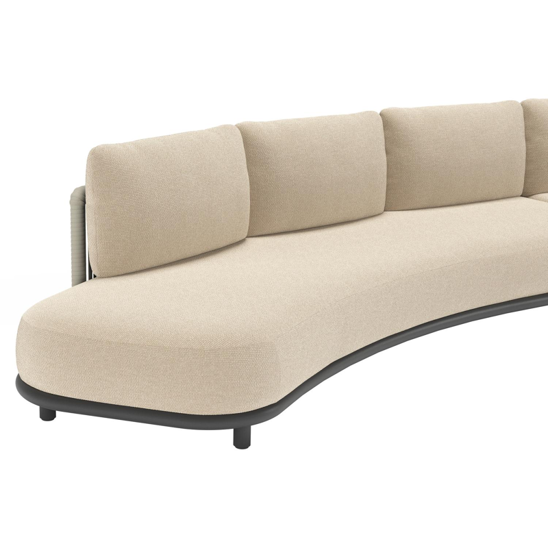 Canapé de jardin Lomano en aluminium noir et corde luxe plate tissée verticalement beige et coussins en all weather cosytica Althea Chalk