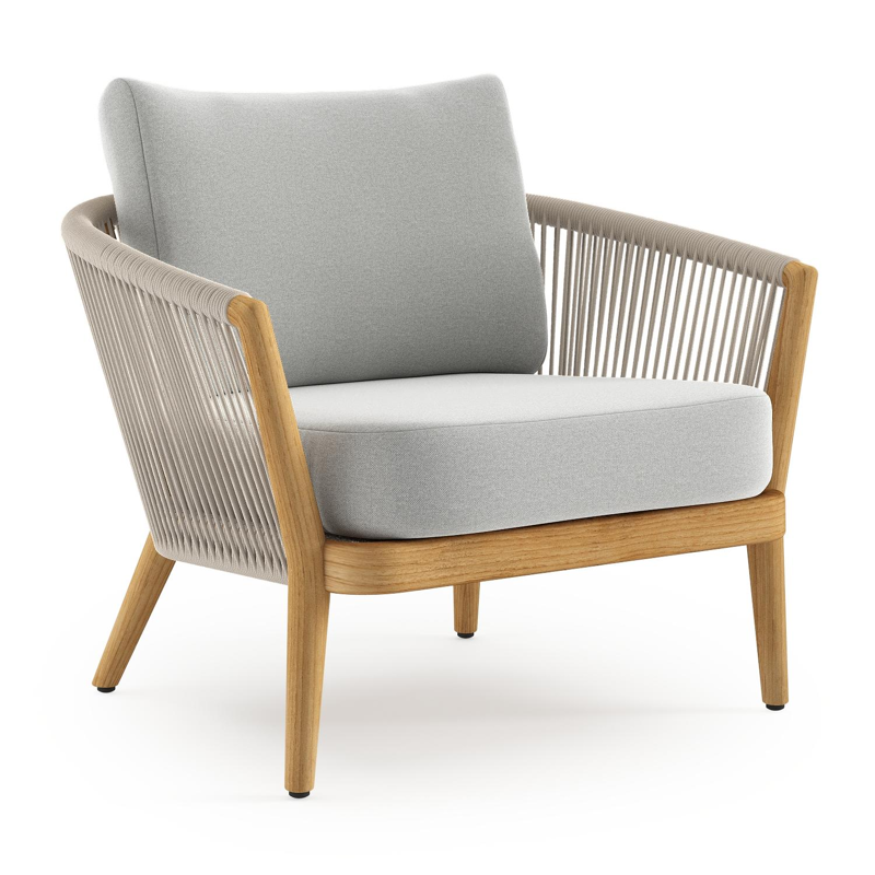 Orso loungestoel in teak en beige verticaal geweven ronde rope met Natte Grey Chine all weather sunbrella® luxe kussen