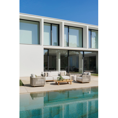 Organo loungebank 3-zit in teak en beige verticaal geweven luxe vlakke rope met althea chalk All Weather Cosytica kussen