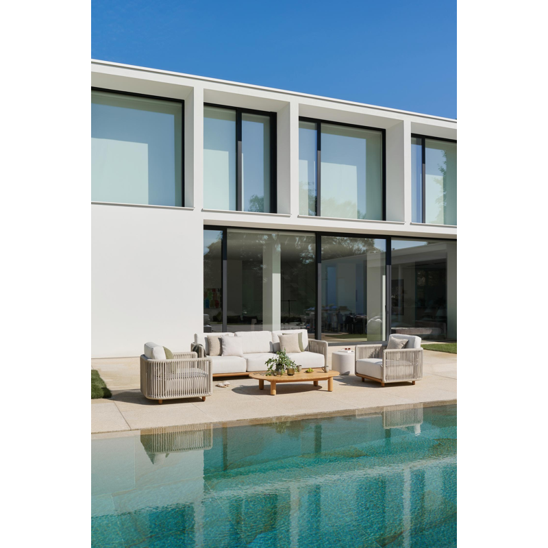 Organo loungebank 3-zit in teak en beige verticaal geweven luxe vlakke rope met althea chalk All Weather Cosytica kussen