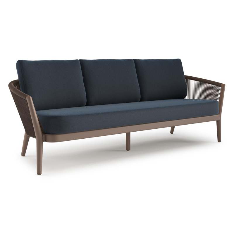 Orso loungebank in taupe aluminiumen zwart verticaal geweven ronde rope met Heritage Indigo All Weather Sunbrella® luxe kussen