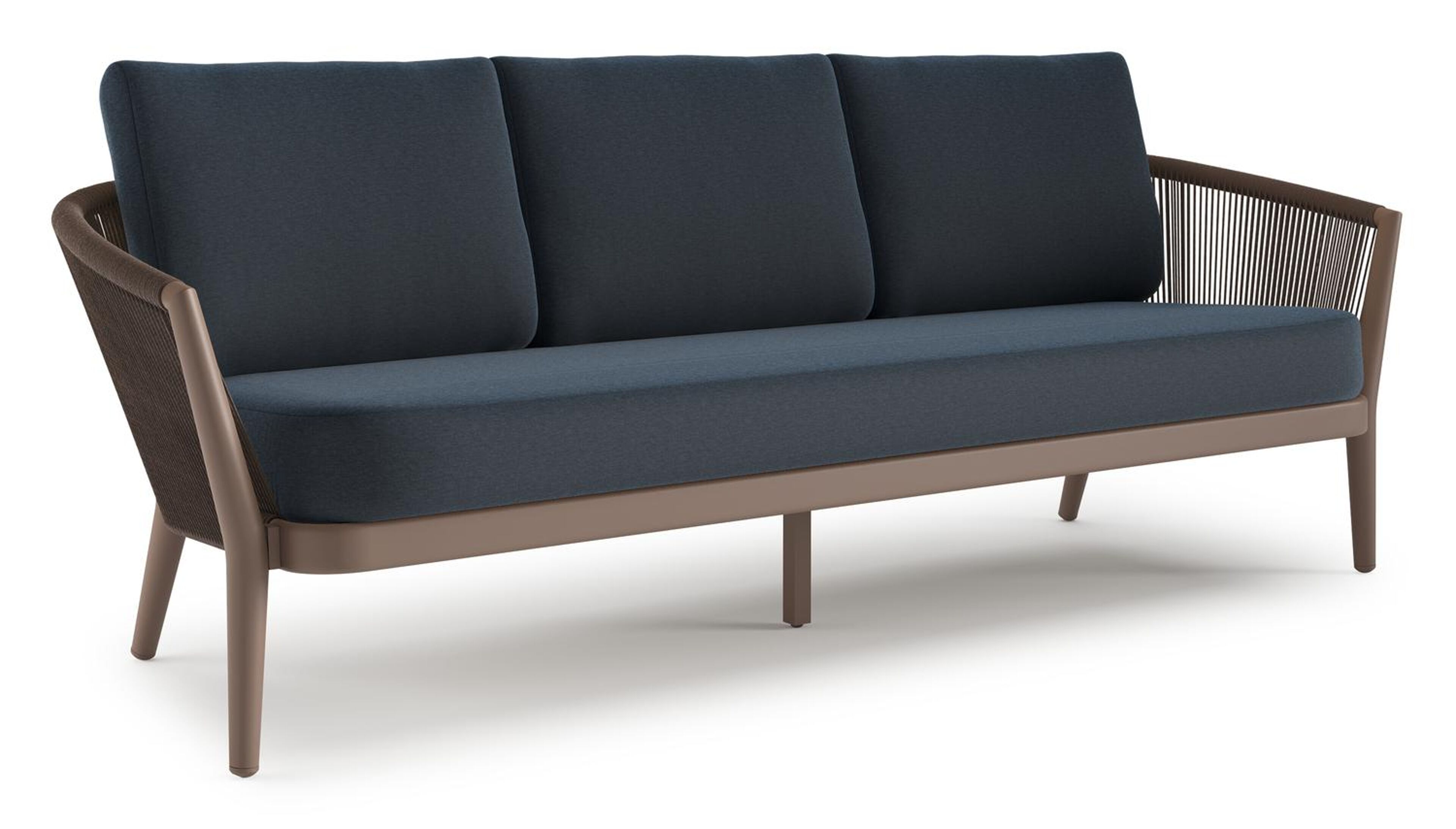 Orso loungebank in taupe aluminiumen zwart verticaal geweven ronde rope met Heritage Indigo All Weather Sunbrella® luxe kussen