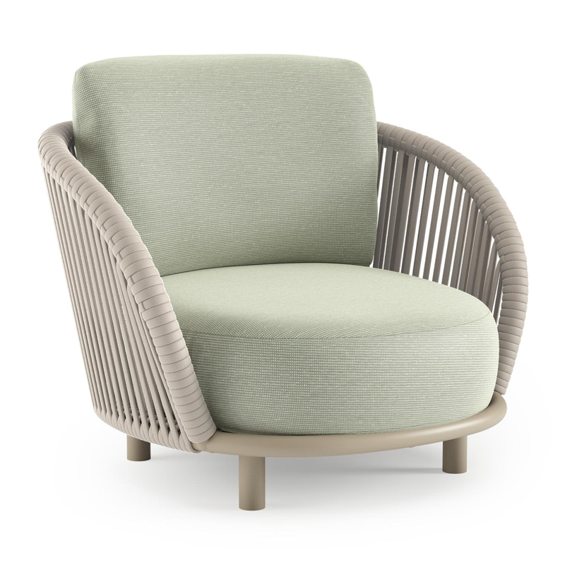 Lupino loungestoel in beige aluminium en beige verticaal geweven luxe vlakke brede rope met slow spirea all weather sunbrella® luxe kussen