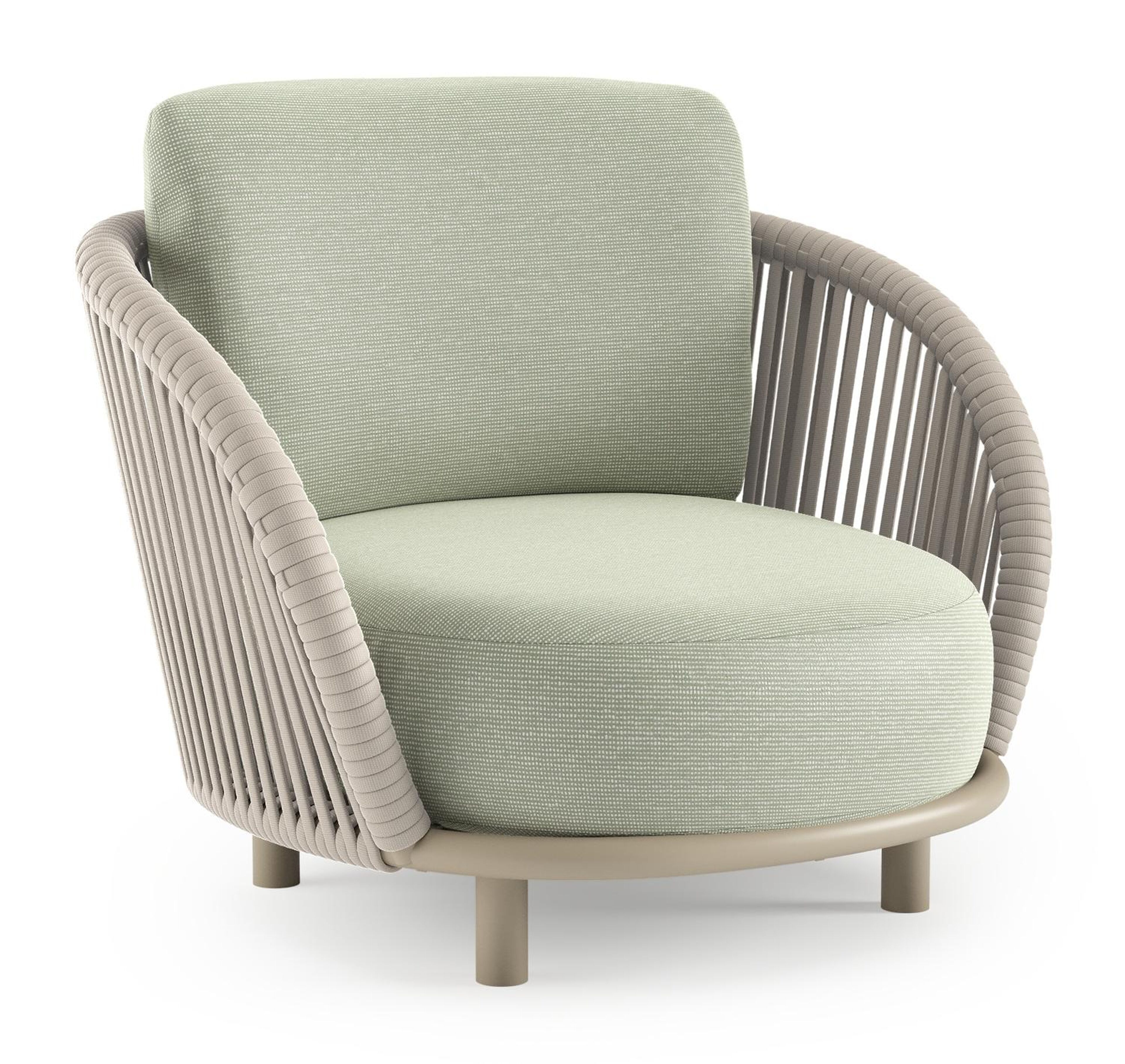 Lupino loungestoel in beige aluminium en beige verticaal geweven luxe vlakke brede rope met slow spirea all weather sunbrella® luxe kussen