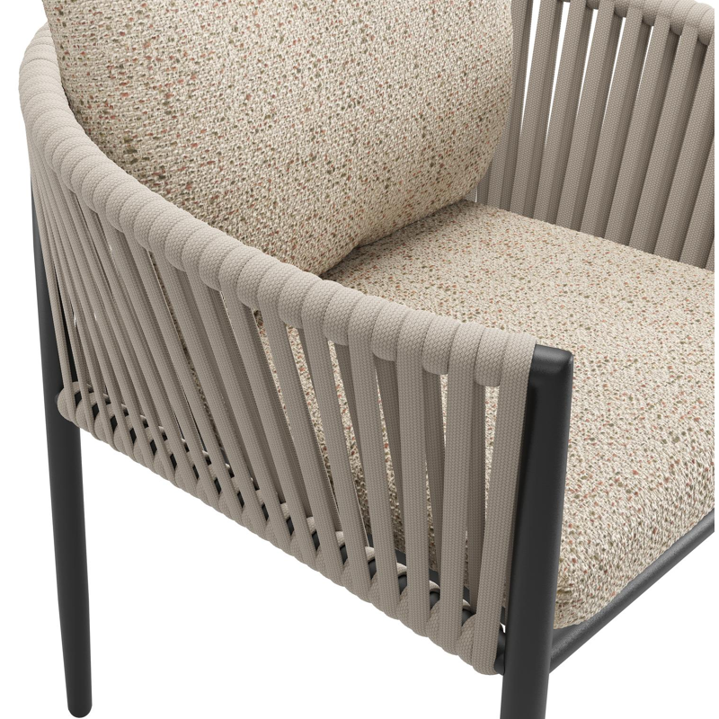 Organo tuinstoel in zwart aluminium en beige verticaal geweven luxe vlakke rope met zitkussen in All Weather Cosytica Bora Jungle