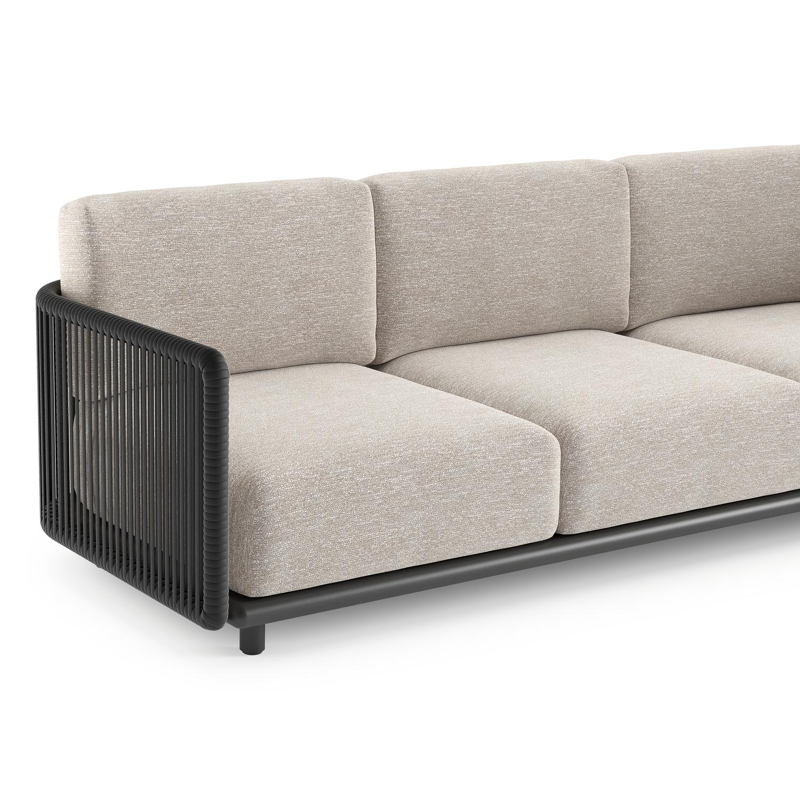 Organo loungehoek in zwart aluminium en zwart verticaal geweven luxe vlakke rope met tundra sand all weather Sunbrella® luxe kussen