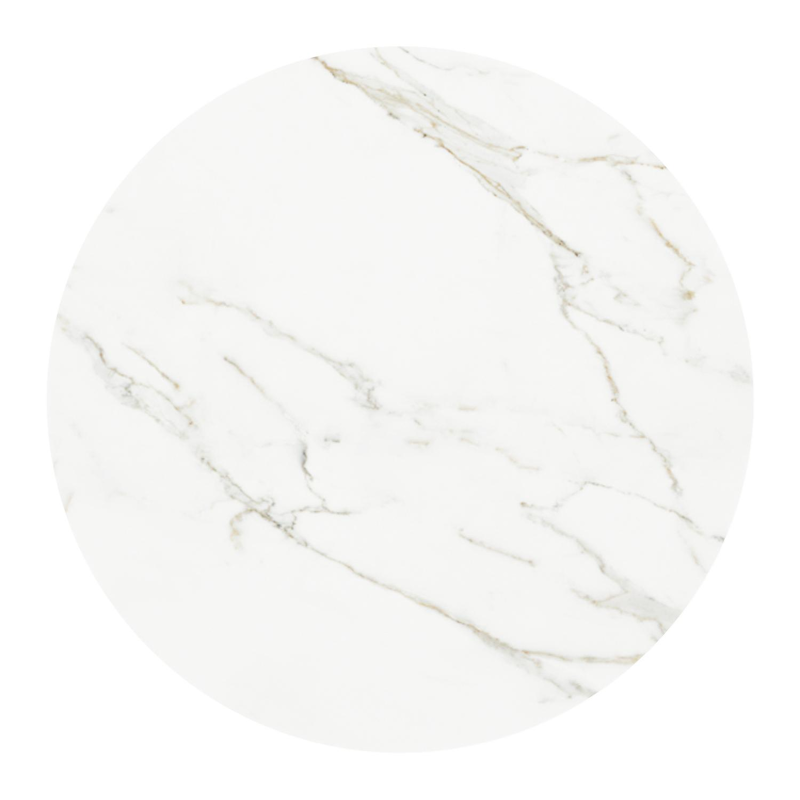Table de basse low dining Fano ronde en aluminium beige et céramique pleine Calacatta - Diam. 85 x Haut. 55 cm