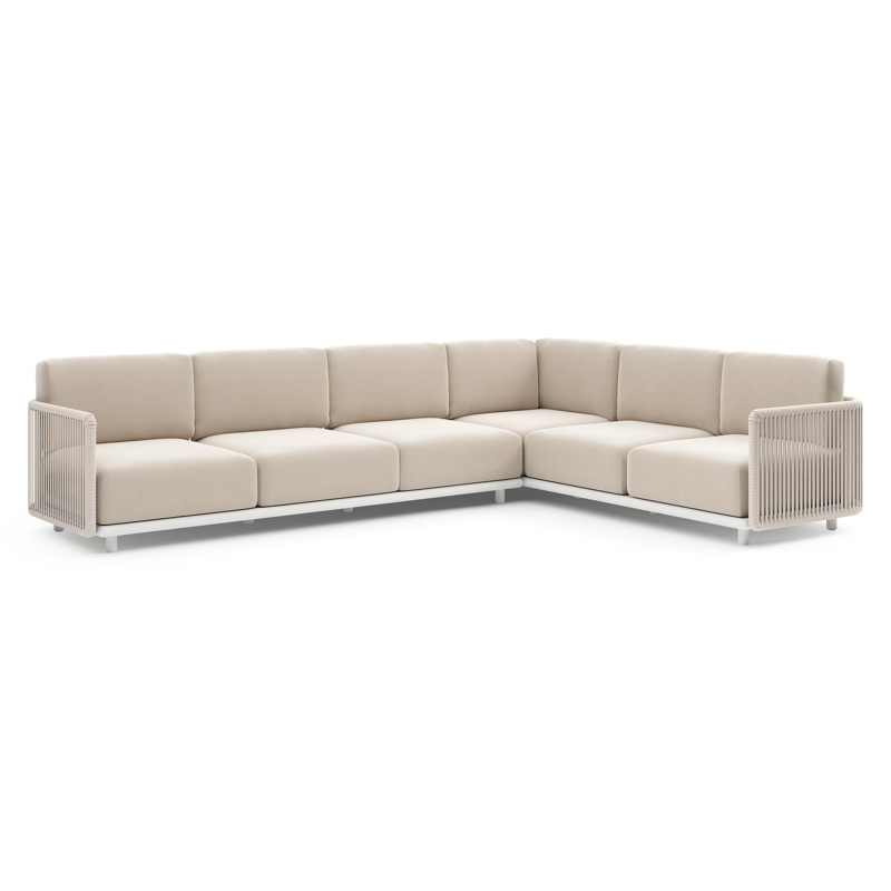 Salon de jardin d'angle Organo en aluminium blanc et corde luxe plate tissée verticalement beige et coussin en all weather Sunbrella® luxe lopi antique