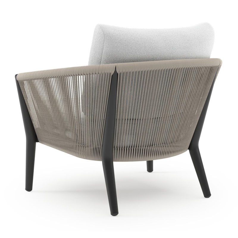 Orso loungestoel in zwart aluminium en beige verticaal geweven ronde rope met Ego Birch all weather solica kussen