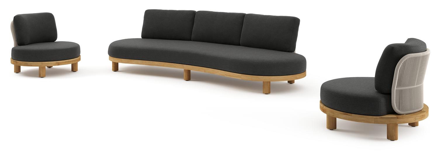 Donato loungeset in teak en beige verticaal geweven ronde rope met all weather sunbrella® luxe Chartres Sooty kussen
