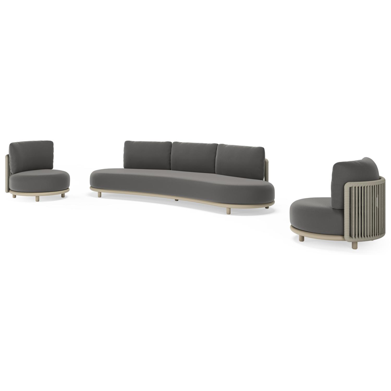 Lomano loungeset in beige aluminium en beige verticaal geweven luxe vlakke rope met Natte Charcoal Chine all weather sunbrellaÂ® luxe