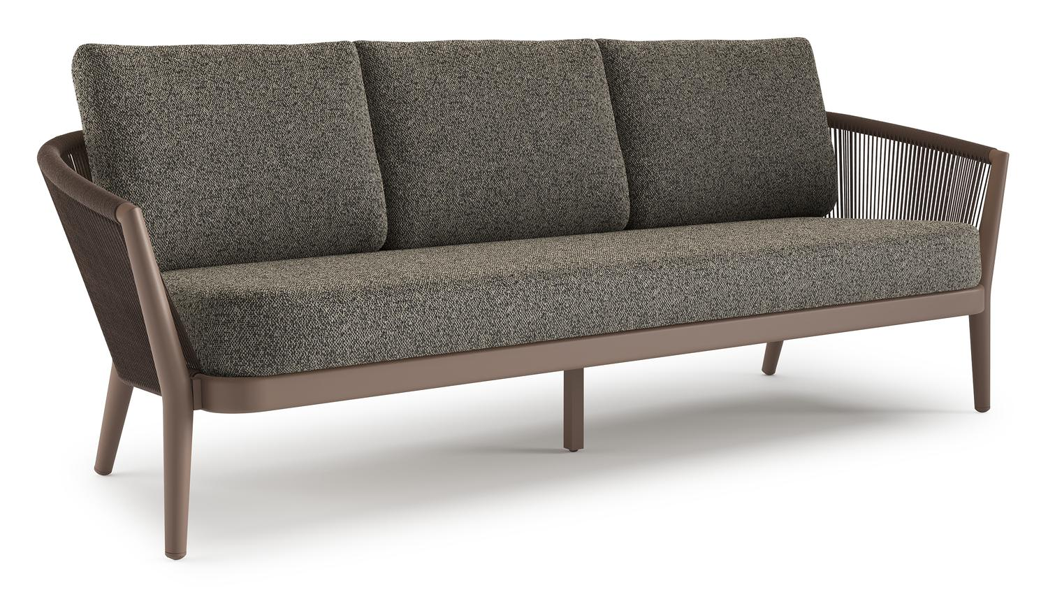 Canapé de jardin Orso en aluminium taupe en corde ronde tissée verticalement noir et coussins en all weather cosytica Marbella Tunder