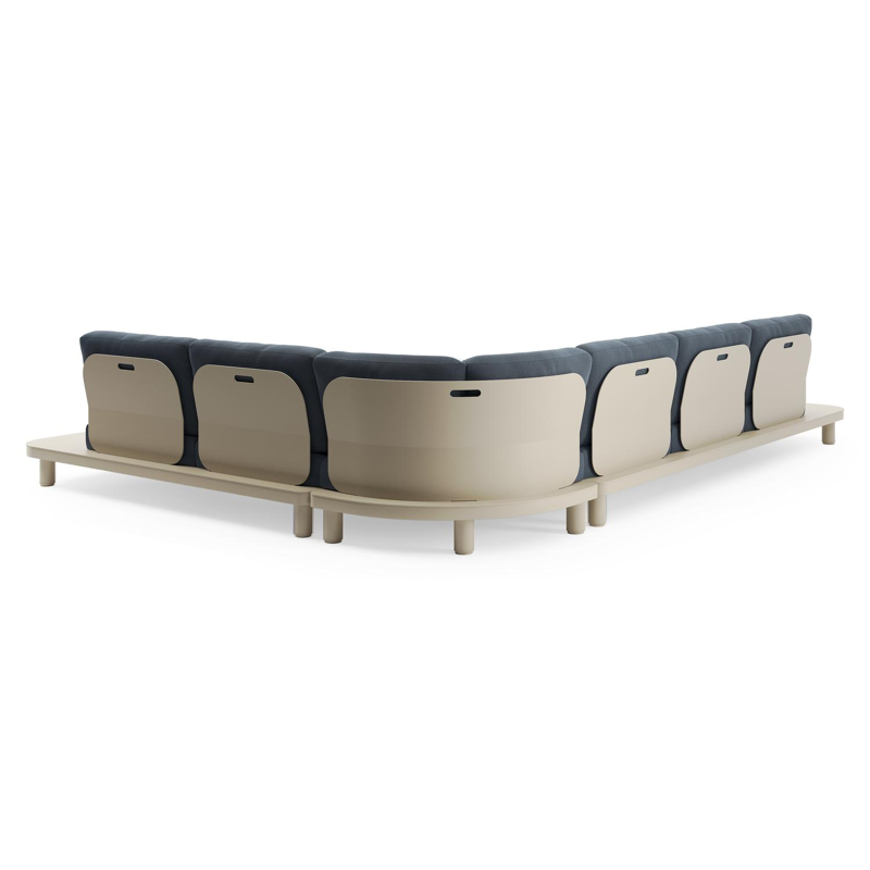 Salon de jardin d'angle Donato en aluminium beige et coussins en All Weather Sunbrella® luxe heritage indigo