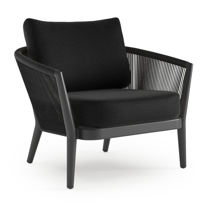 Orso loungestoel in zwart aluminium en zwart verticaal geweven ronde rope met Lopi Baribal all weather sunbrella® luxe kussen