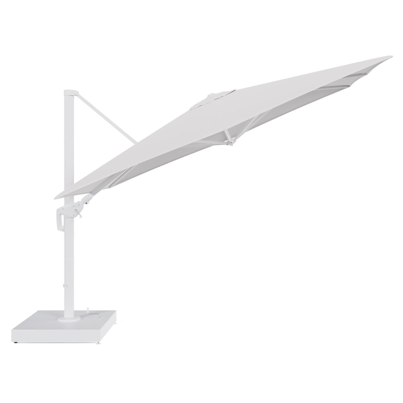 Minore zweefparasol met tiltfunctie in wit aluminium en Ego Eggshell All Weather Solica parasoldoek - L1 280 x L2: 370 cm met parasolvoet Minore 260 kg met wielen