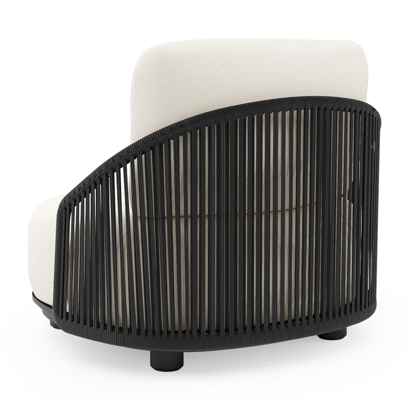 Fauteuil de jardin Vadelo en aluminium noir et corde ronde tissée verticalement noir et coussins en all weather sunbrella® luxe natte white