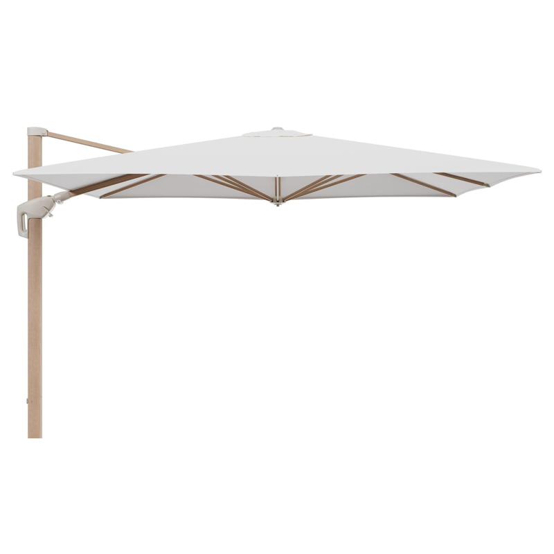 Parasol pendant Minore avec fonction tilt en aluminium aspect de bois et toile de parasol All Weather Sunbrella® Luxe Lopi Snow - Lg.1: 280 x Lg.2: 370 cm (sans pied de parasol