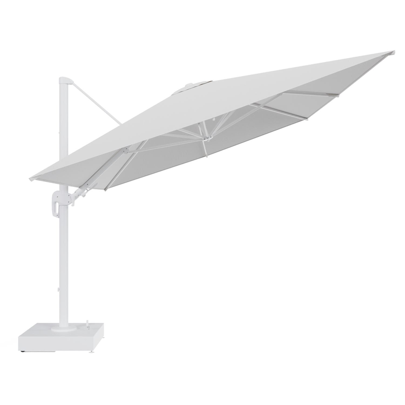 Rufina zweefparasol met tiltfunctie in wit aluminium en Ego Birch All Weather Solica parasoldoek - L1 400 x L2 300 cm met parasolvoet Minore 150 kg met wielen