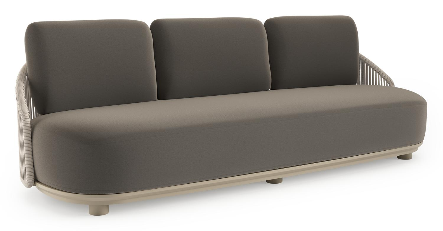 Canapé de jardin Vadelo en aluminium beige et corde ronde tissée verticalement beige et coussins en all weather sunbrella® luxe natte carbon beige