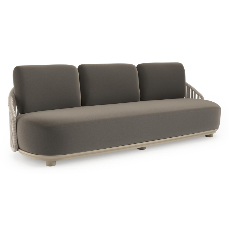 Canapé de jardin Vadelo en aluminium beige et corde ronde tissée verticalement beige et coussins en all weather sunbrella® luxe natte carbon beige