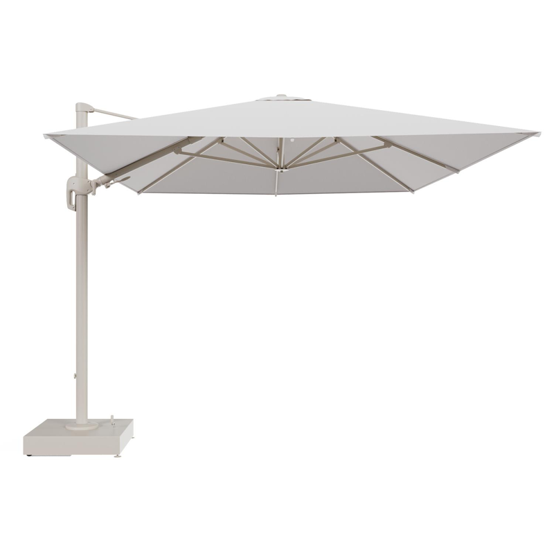 Rufina zweefparasol met tiltfunctie in beige aluminium en Ego Eggshell All Weather Solica parasoldoek - L1 400 x L2 300 cm met parasolvoet Minore 150 kg met wielen