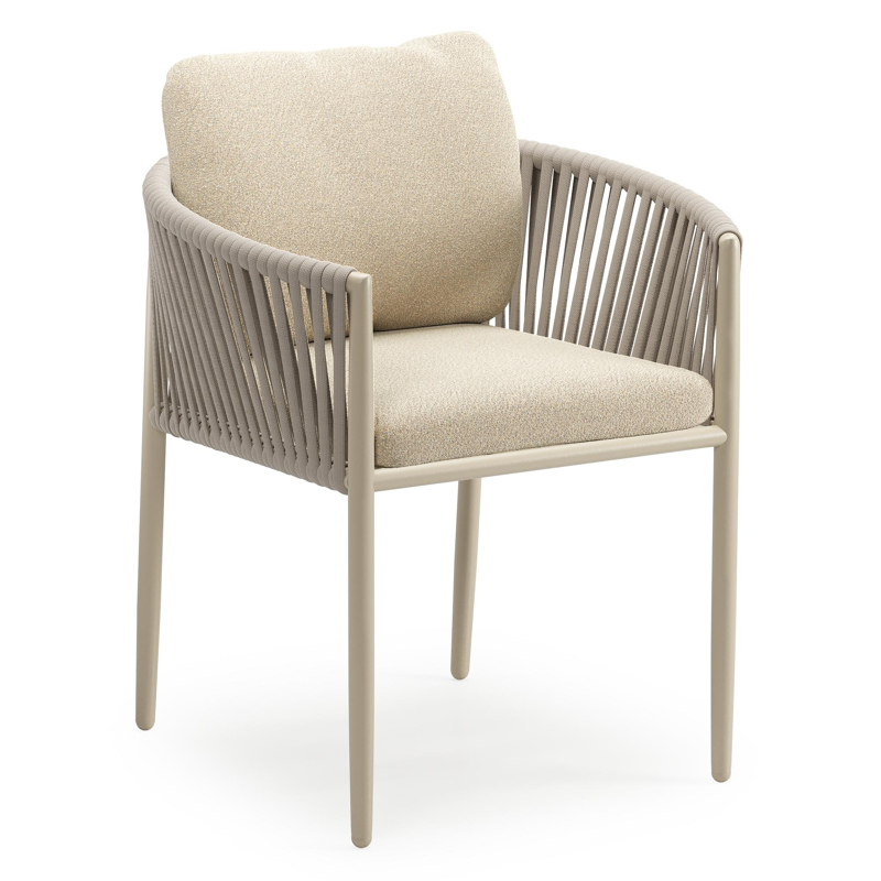 Organo tuinstoel in beige aluminium en beige verticaal geweven luxe vlakke rope met zitkussen in All Weather Solica Soul Papyrus